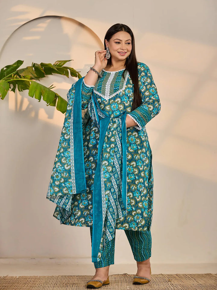 Turquoise Blue Cotton Straight Plus Size Kurta Trouser Dupatta Set-Yufta Store-6431PSKDTB3XL