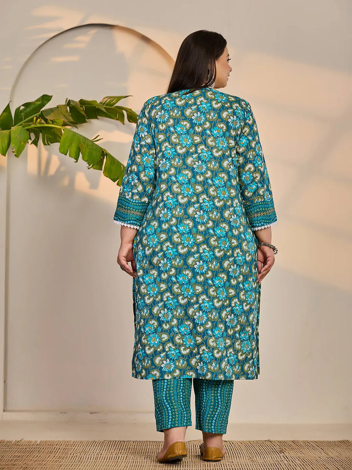 Turquoise Blue Cotton Straight Plus Size Kurta Trouser Dupatta Set-Yufta Store-6431PSKDTB3XL