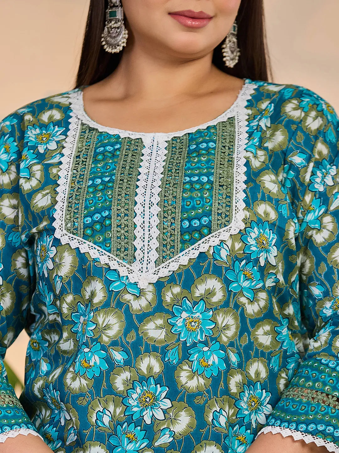 Turquoise Blue Cotton Straight Plus Size Kurta Trouser Dupatta Set-Yufta Store-6431PSKDTB3XL