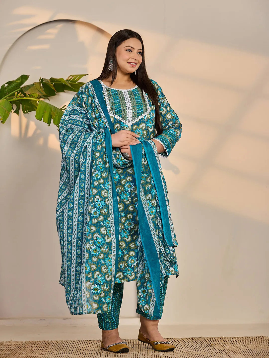 Turquoise Blue Cotton Straight Plus Size Kurta Trouser Dupatta Set-Yufta Store-6431PSKDTB3XL