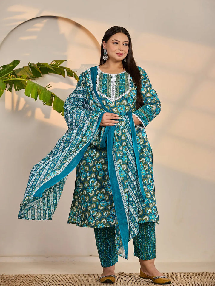 Turquoise Blue Cotton Straight Plus Size Kurta Trouser Dupatta Set-Yufta Store-6431PSKDTB3XL