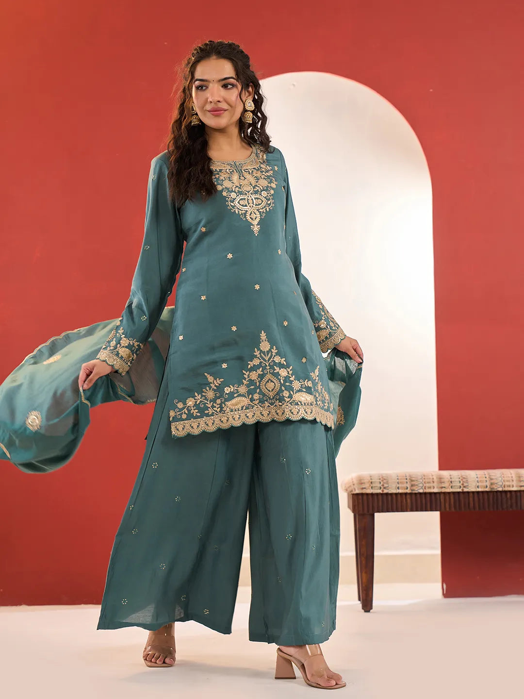 Turquoise Blue Embroidered Straight Kurta Palazzo Dupatta Set