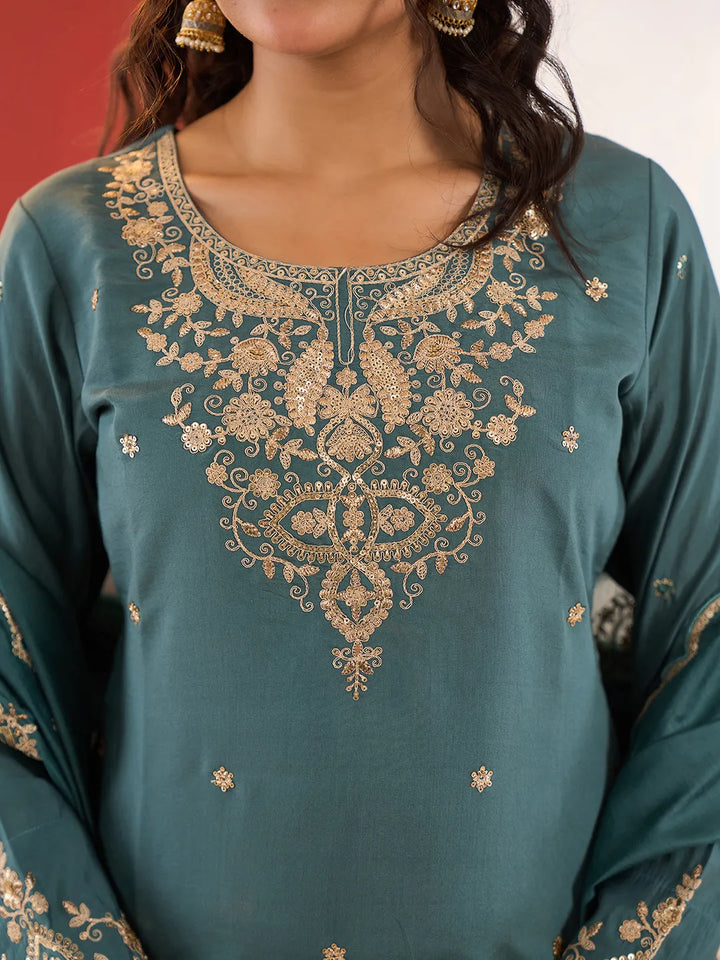Turquoise Blue Embroidered Straight Kurta Palazzo Dupatta Set