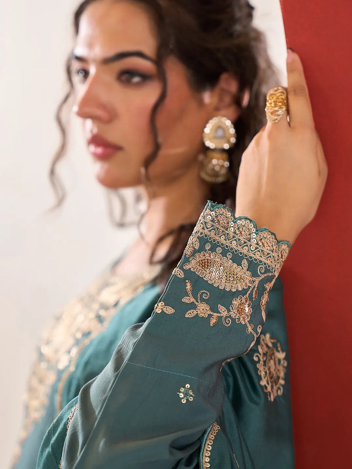 Turquoise Blue Embroidered Straight Kurta Palazzo Dupatta Set