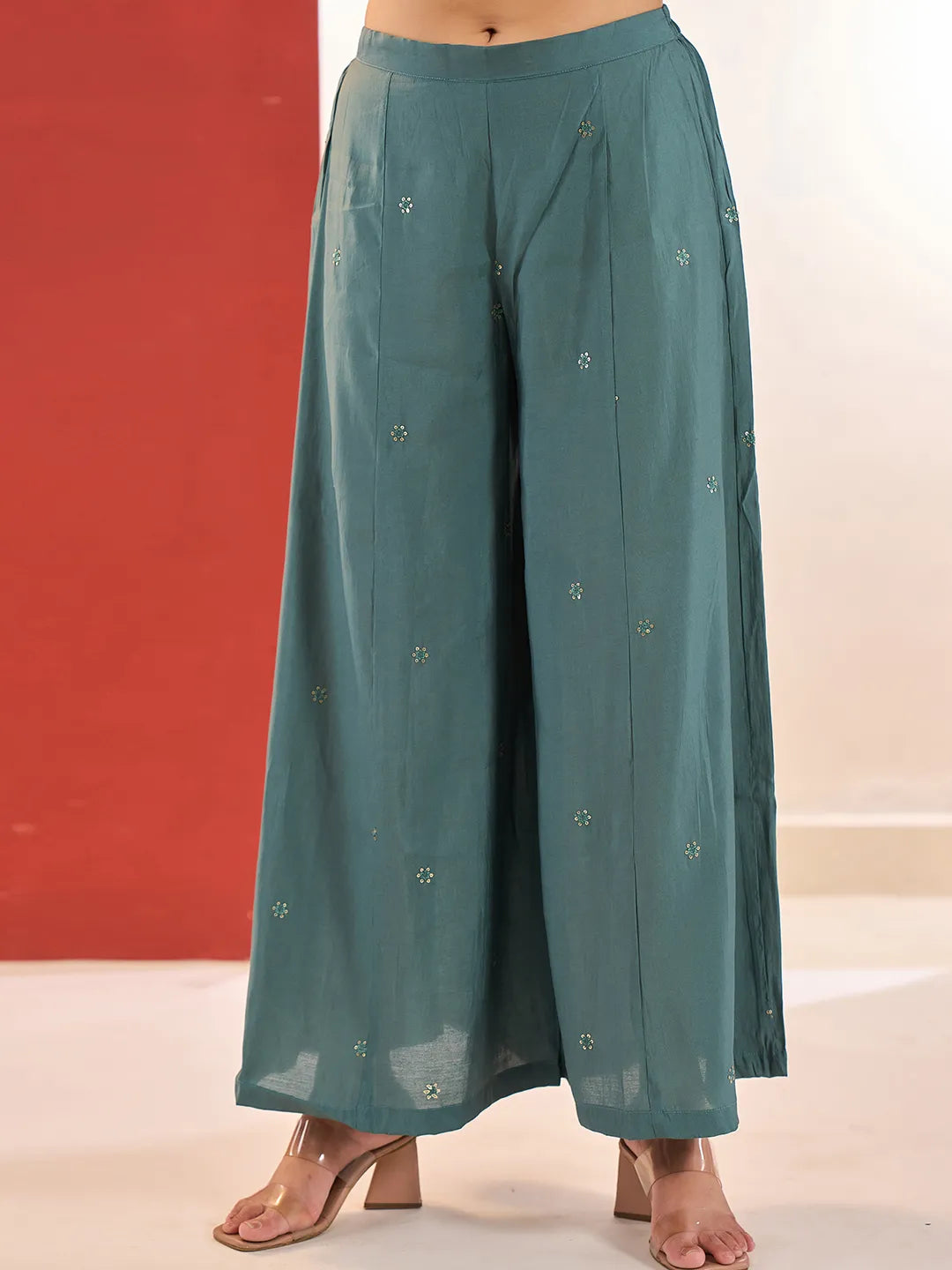 Turquoise Blue Embroidered Straight Kurta Palazzo Dupatta Set