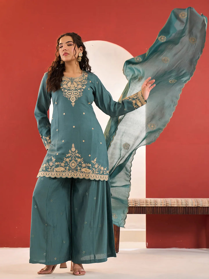 Turquoise Blue Embroidered Straight Kurta Palazzo Dupatta Set