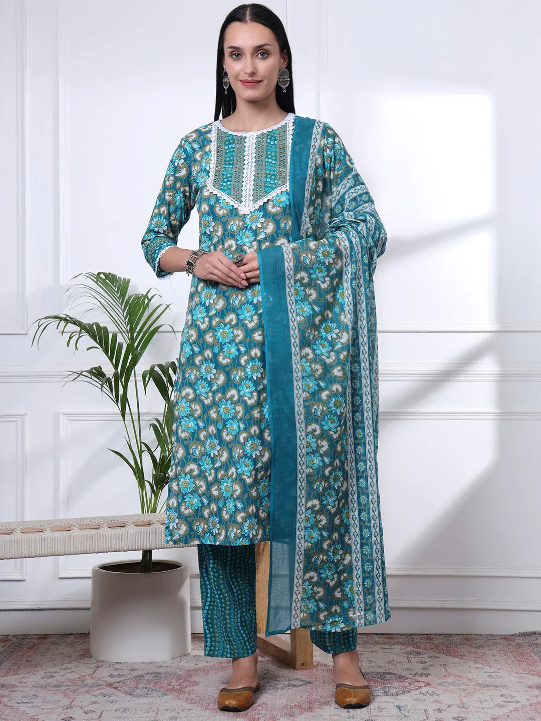 Turquoise Blue Floral Lace Work Cotton Straight Kurta Trouser Dupatta Set-Yufta Store-6431SKDTBM