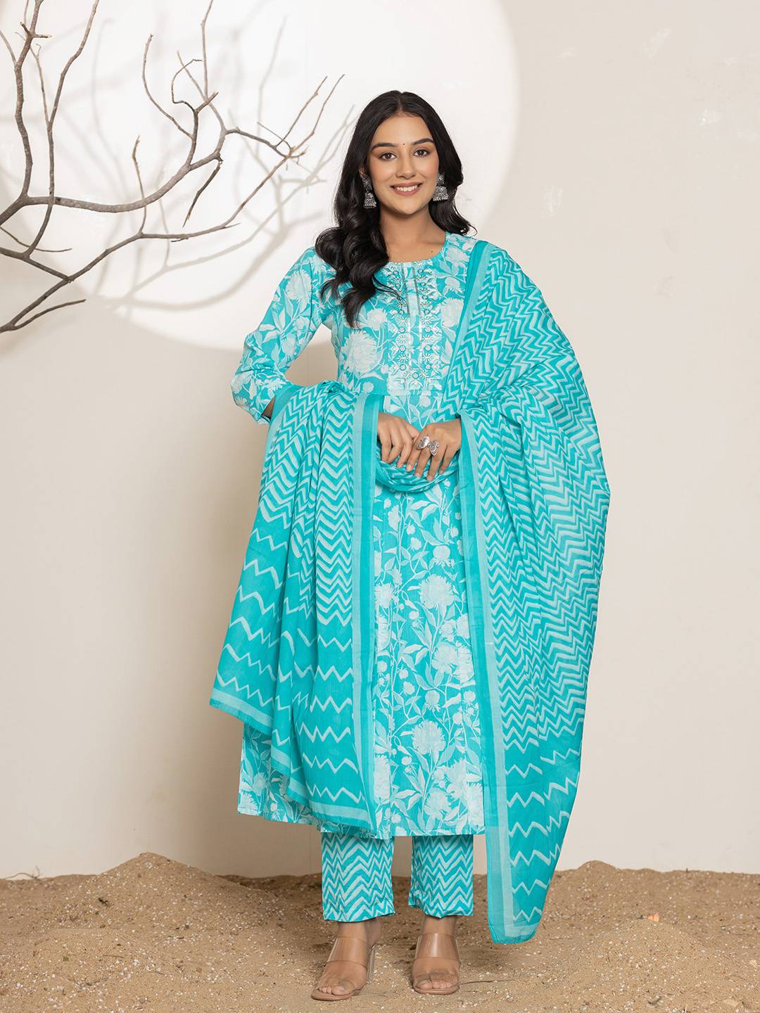 Turquoise Blue Floral Print Embroidery Cotton Anarkali Suit Set-Yufta Store-6996SKDBLS