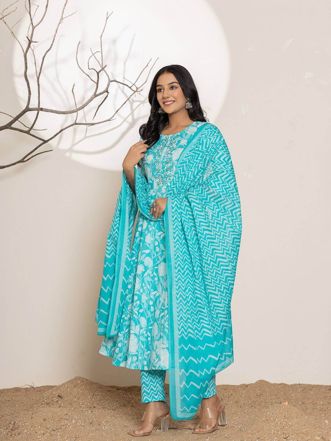 Turquoise Blue Floral Print Embroidery Cotton Anarkali Suit Set-Yufta Store-6996SKDBLS