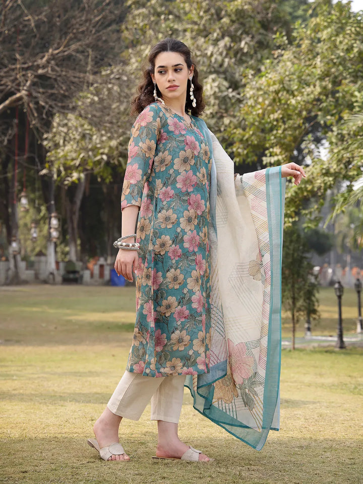 Turquoise Blue Floral Print linen A Line Have A Lining Kurta Trouser Dupatta Set