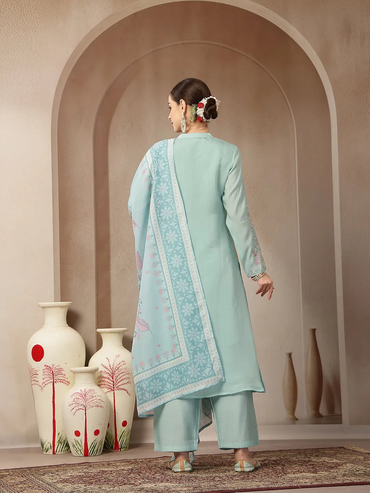 Turquoise Blue Mul Chanderi Silk Embroidery A-Line Kurta Trouser Dupatta Set