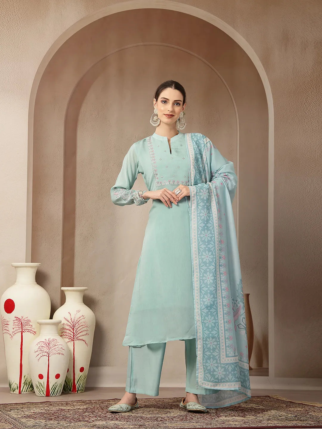 Turquoise Blue Mul Chanderi Silk Embroidery A-Line Kurta Trouser Dupatta Set