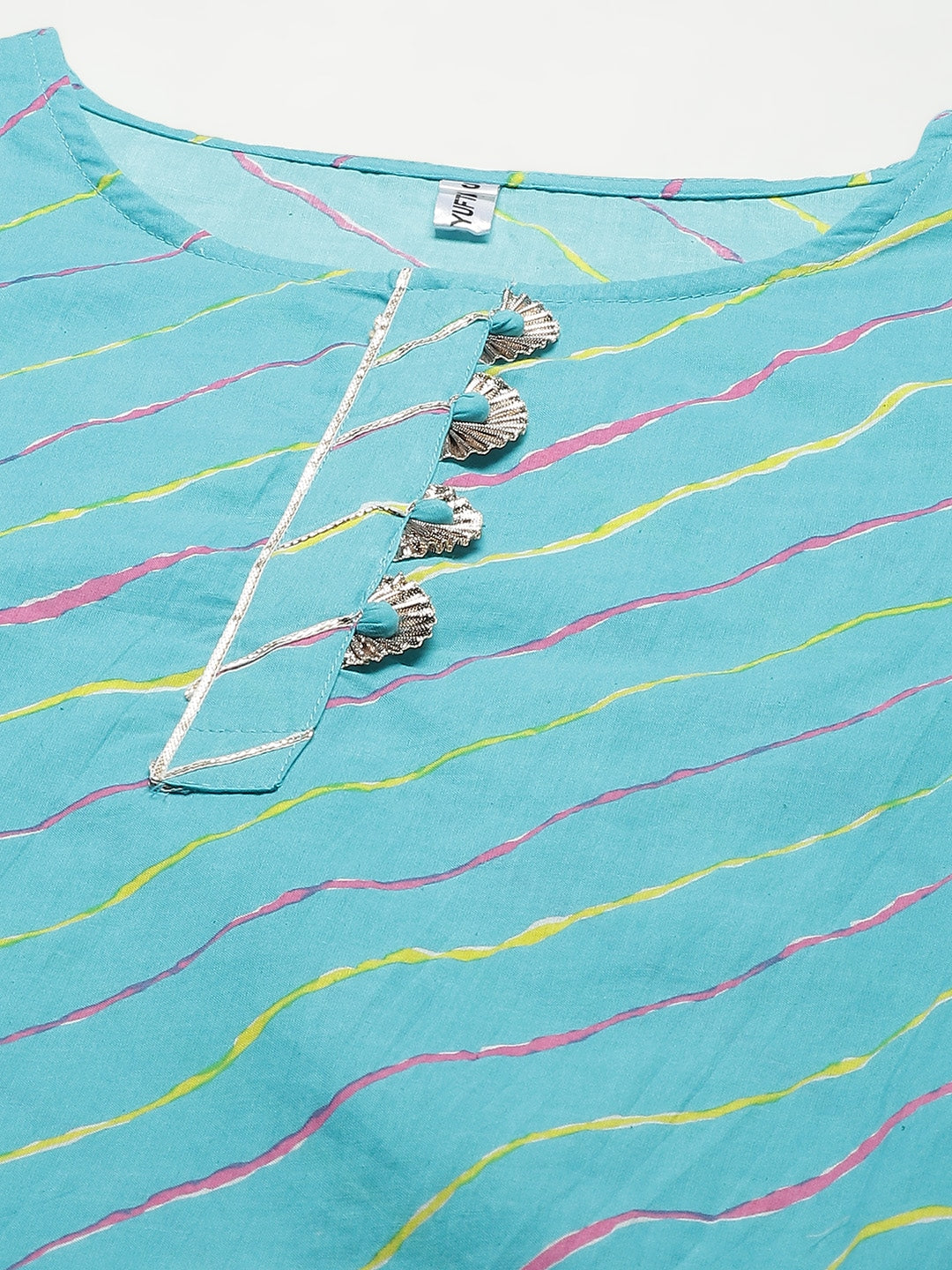 Turquoise Blue & Multi Leheriya Printed Kurta-Yufta Store-636KURSBS