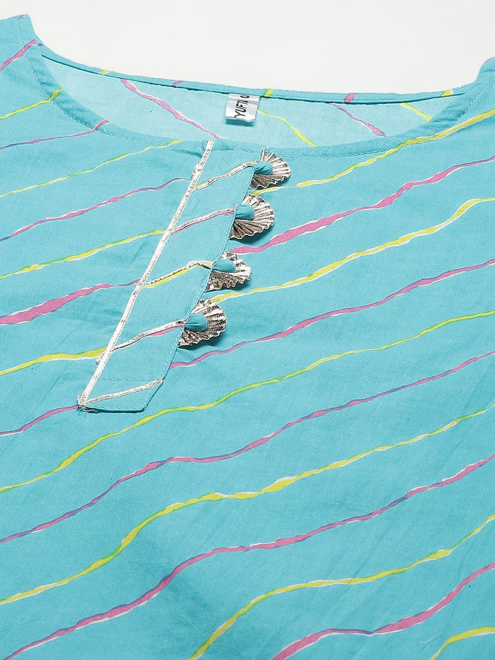 Turquoise Blue & Multi Leheriya Printed Kurta-Yufta Store-636KURSBS