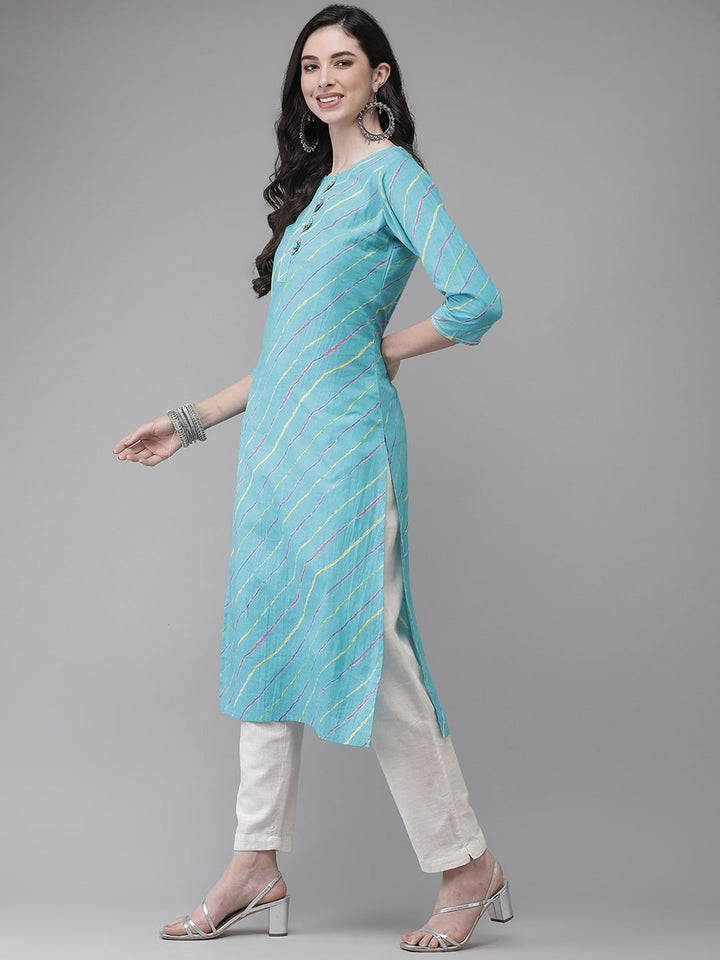 Turquoise Blue & Multi Leheriya Printed Kurta-Yufta Store-636KURSBS