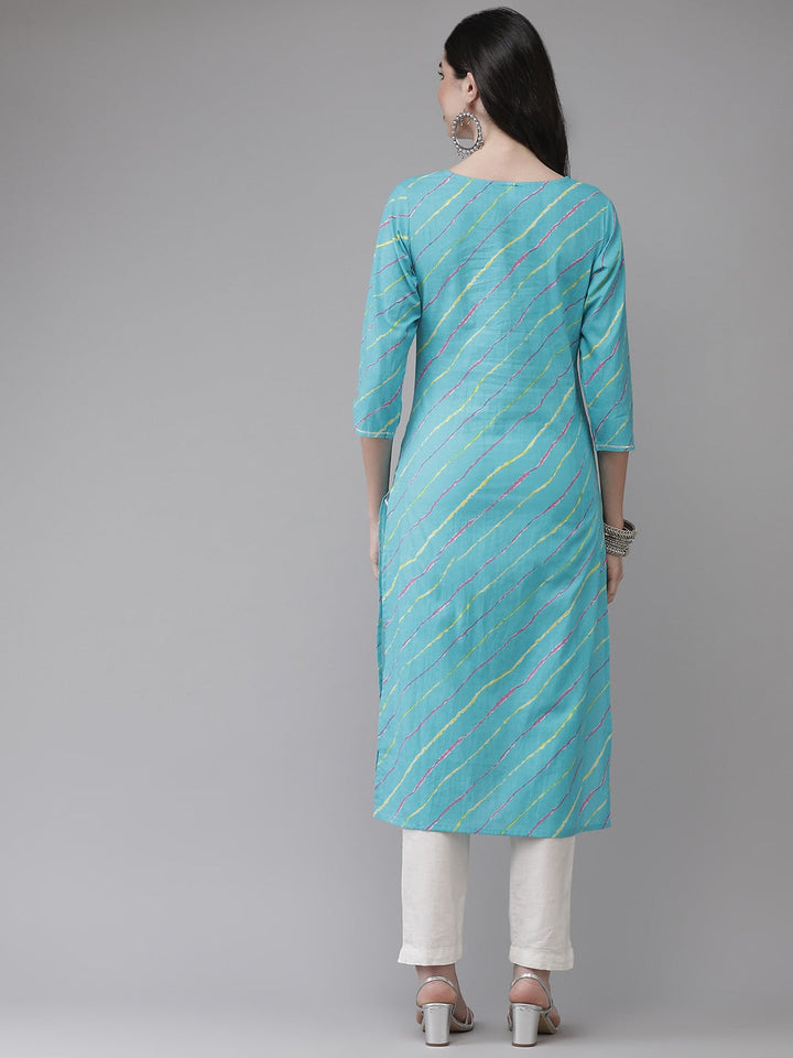 Turquoise Blue & Multi Leheriya Printed Kurta-Yufta Store-636KURSBS