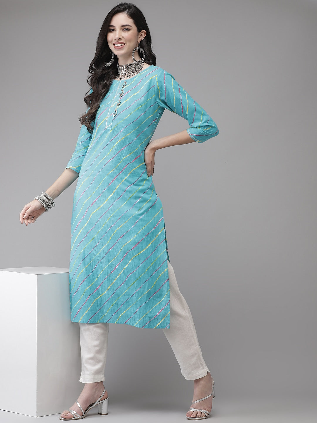 Turquoise Blue & Multi Leheriya Printed Kurta-Yufta Store-636KURSBS