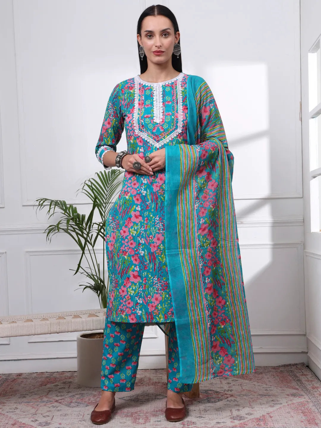 Turquoise Blue Patch Work Lace Work Cotton Straight Kurta Trouser Dupatta Set-Yufta Store-6433SKDTBM
