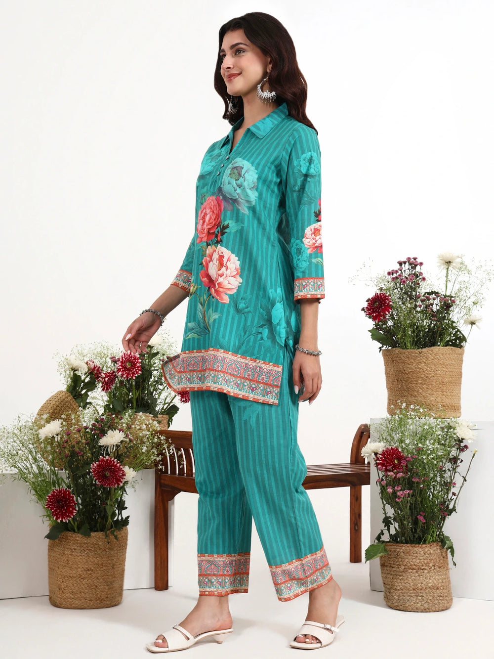 Turquoise Blue Printed Cotton Co-Ord Set-Yufta Store-7494CRDTBM
