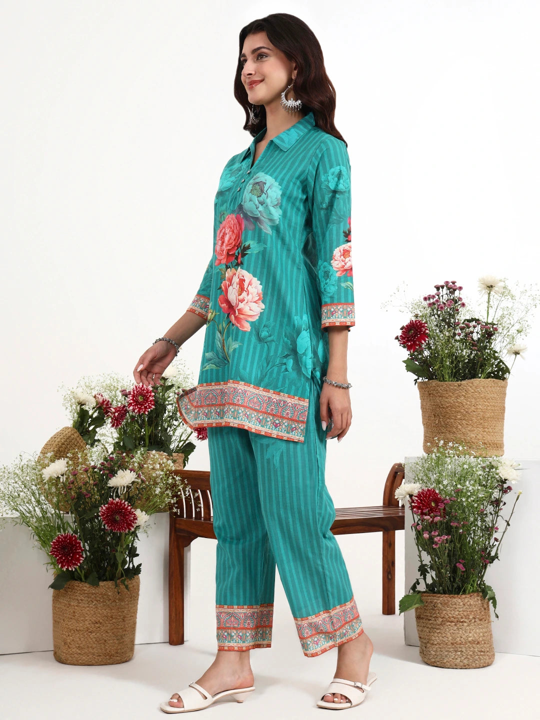 Turquoise Blue Printed Cotton Co-Ord Set-Yufta Store-7494CRDTBM