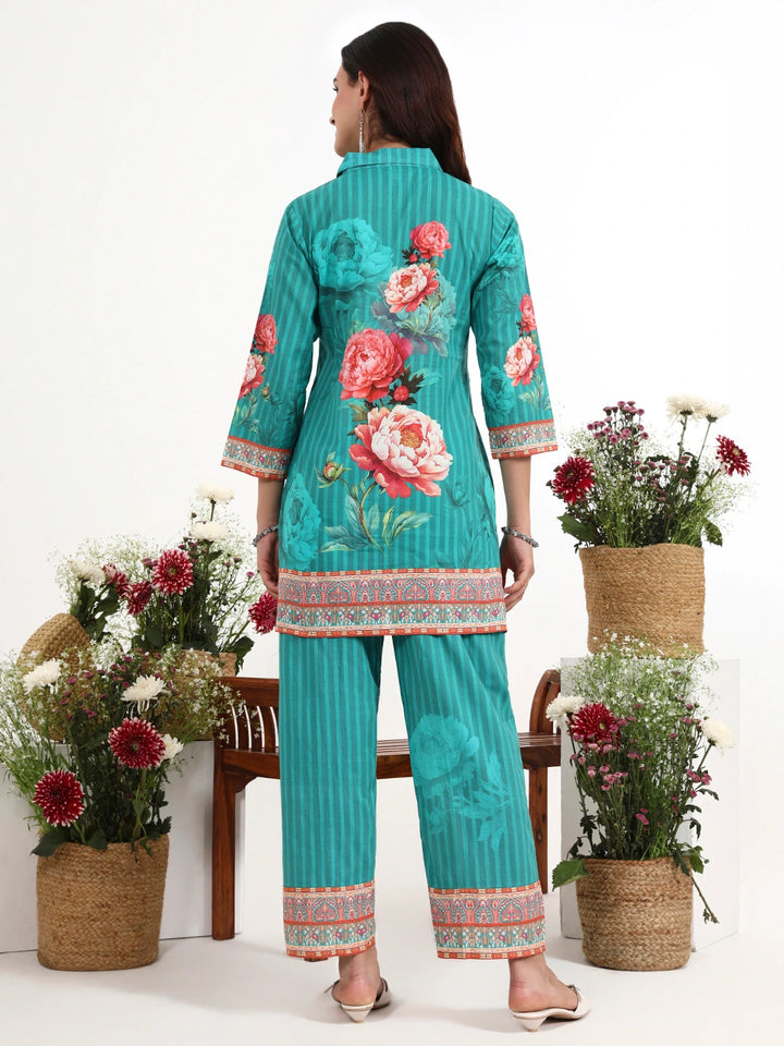 Turquoise Blue Printed Cotton Co-Ord Set-Yufta Store-7494CRDTBM