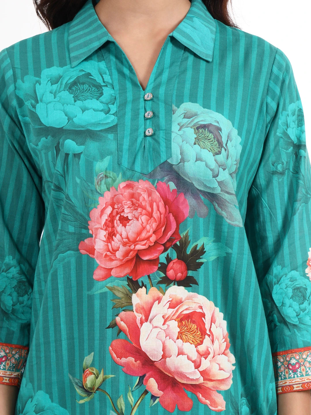 Turquoise Blue Printed Cotton Co-Ord Set-Yufta Store-7494CRDTBM