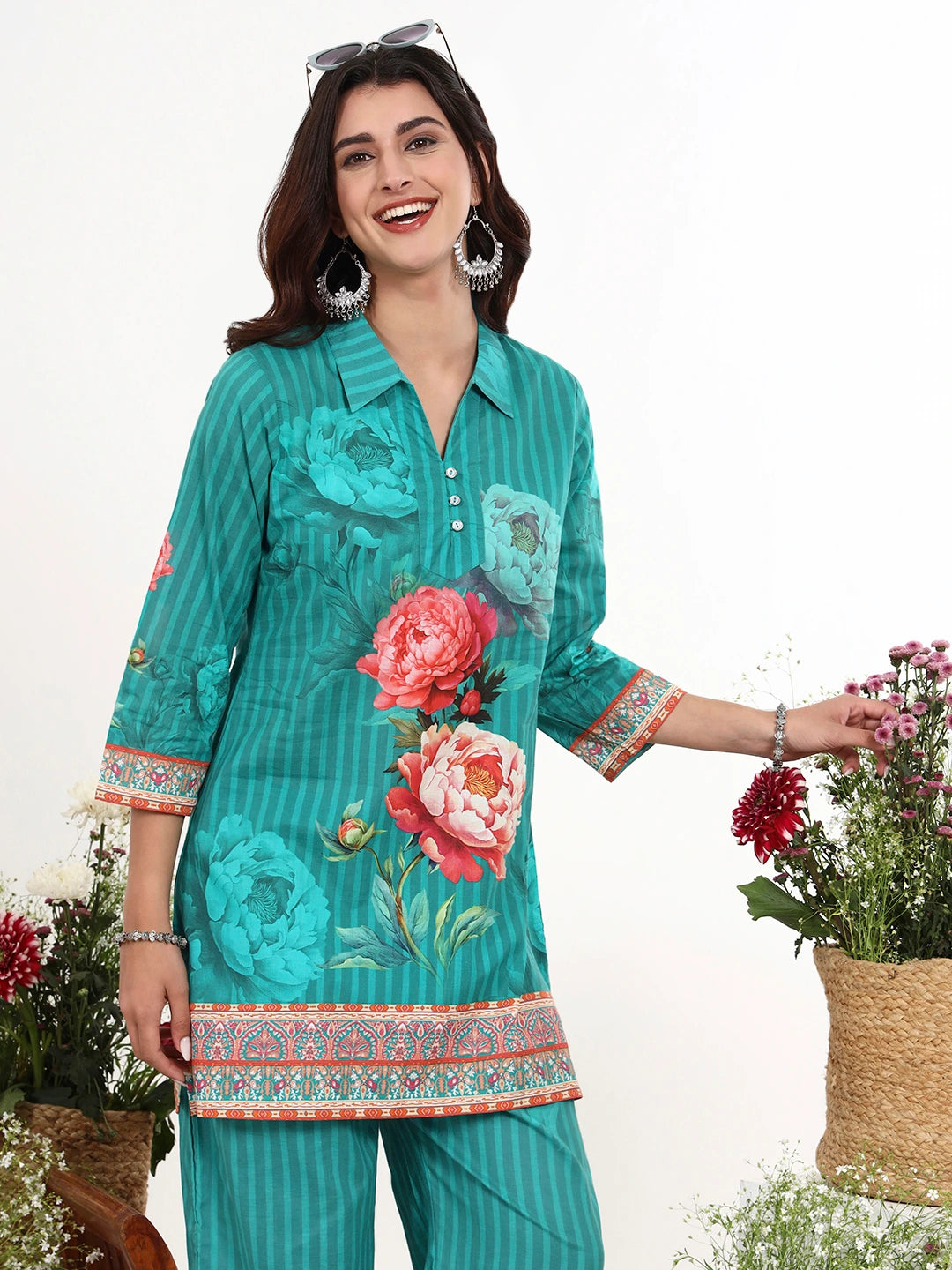 Turquoise Blue Printed Cotton Co-Ord Set-Yufta Store-7494CRDTBM