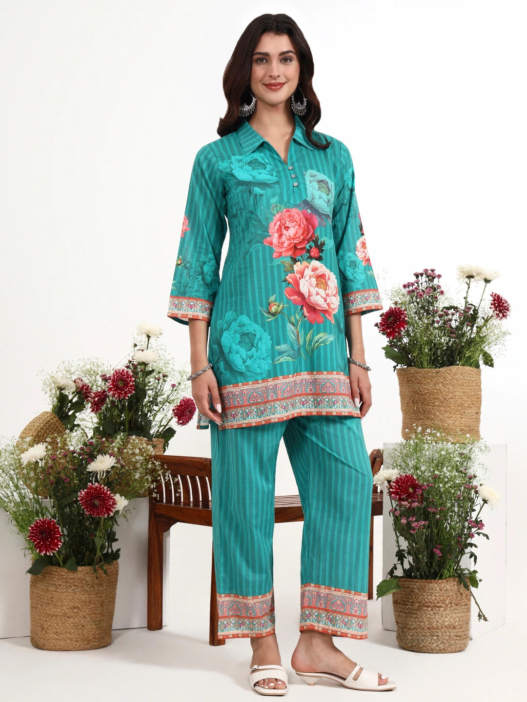 Turquoise Blue Printed Cotton Co-Ord Set-Yufta Store-7494CRDTBM