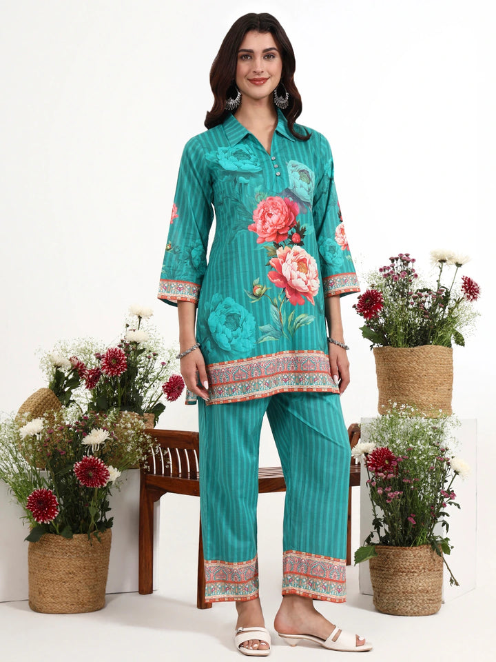 Turquoise Blue Printed Cotton Co-Ord Set-Yufta Store-7494CRDTBM