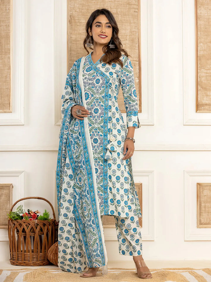 Turquoise Blue Printed Pure Cotton Straight Kurta Dupatta Set-Yufta Store-6841SKDWHS