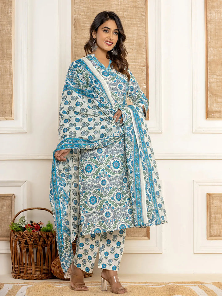 Turquoise Blue Printed Pure Cotton Straight Kurta Dupatta Set-Yufta Store-6841SKDWHS