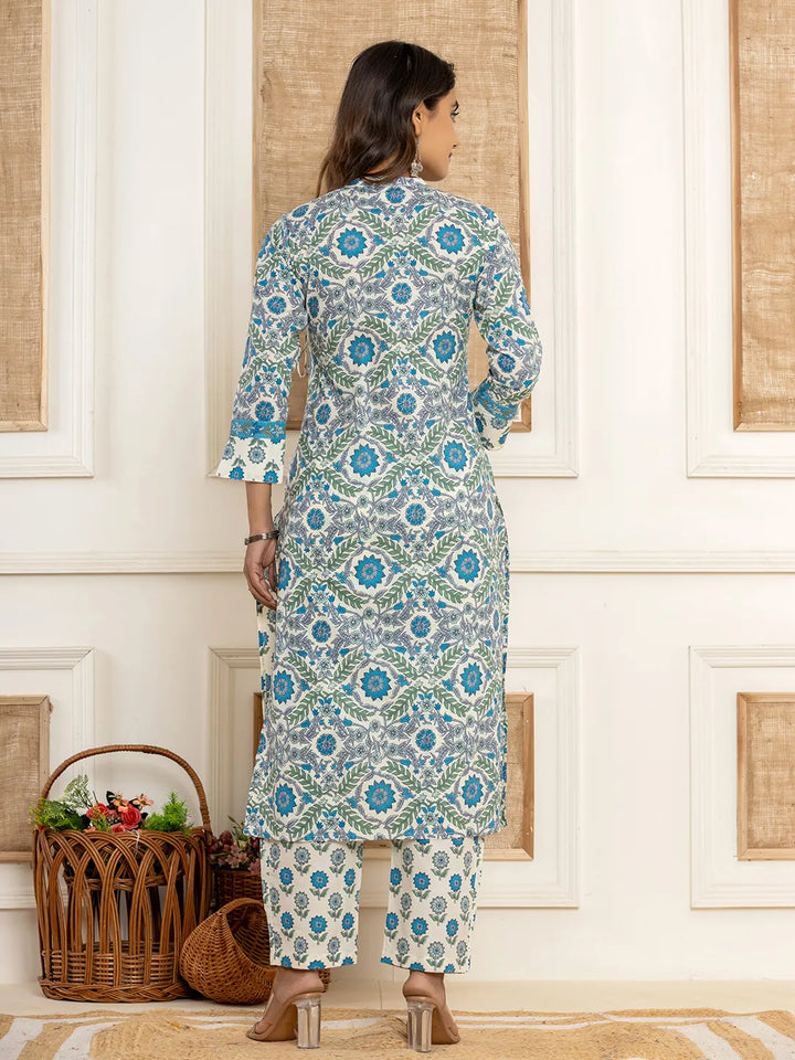 Turquoise Blue Printed Pure Cotton Straight Kurta Dupatta Set-Yufta Store-6841SKDWHS