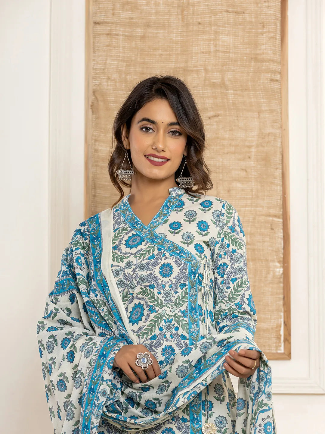 Turquoise Blue Printed Pure Cotton Straight Kurta Dupatta Set-Yufta Store-6841SKDWHS