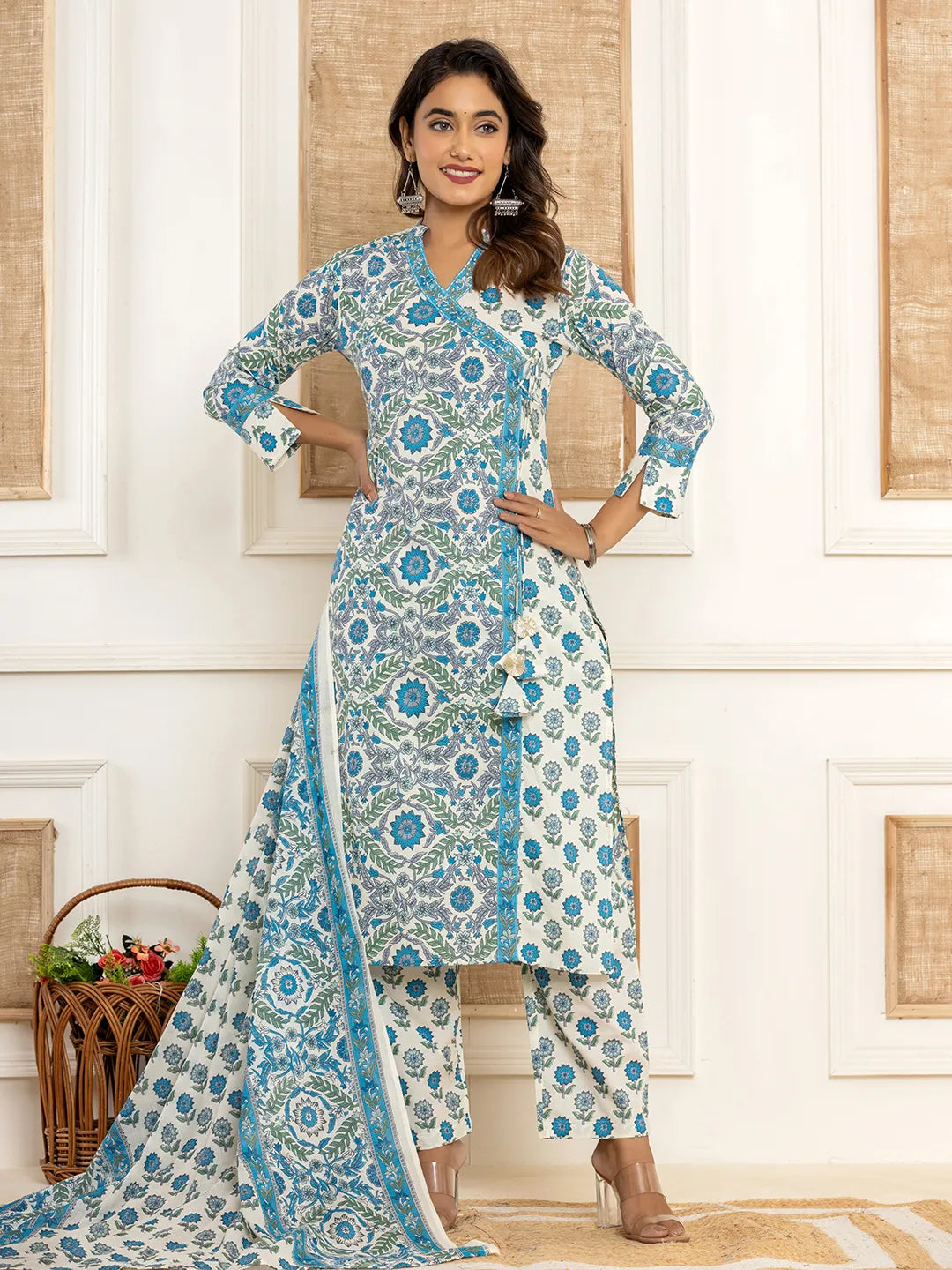 Turquoise Blue Printed Pure Cotton Straight Kurta Dupatta Set-Yufta Store-6841SKDWHS