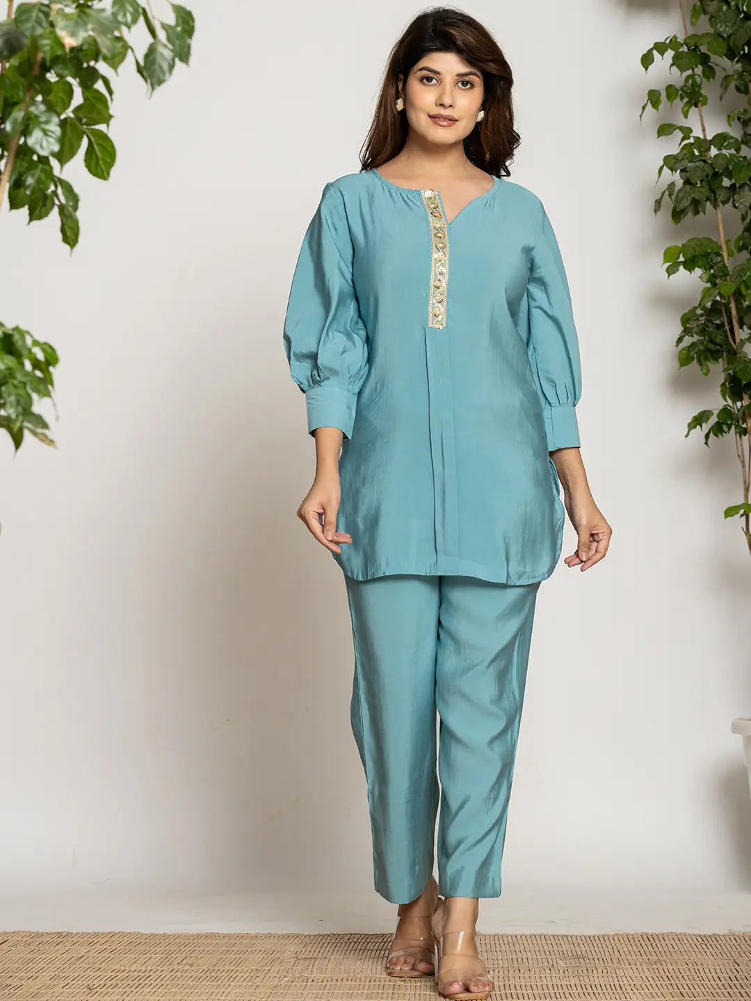 Turquoise Blue Silk Blend Solid Co-Ord Set-Yufta Store-6015CRDTBS