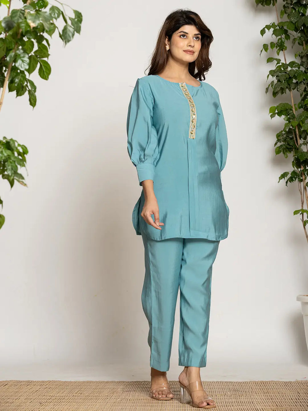 Turquoise Blue Silk Blend Solid Co-Ord Set-Yufta Store-6015CRDTBS