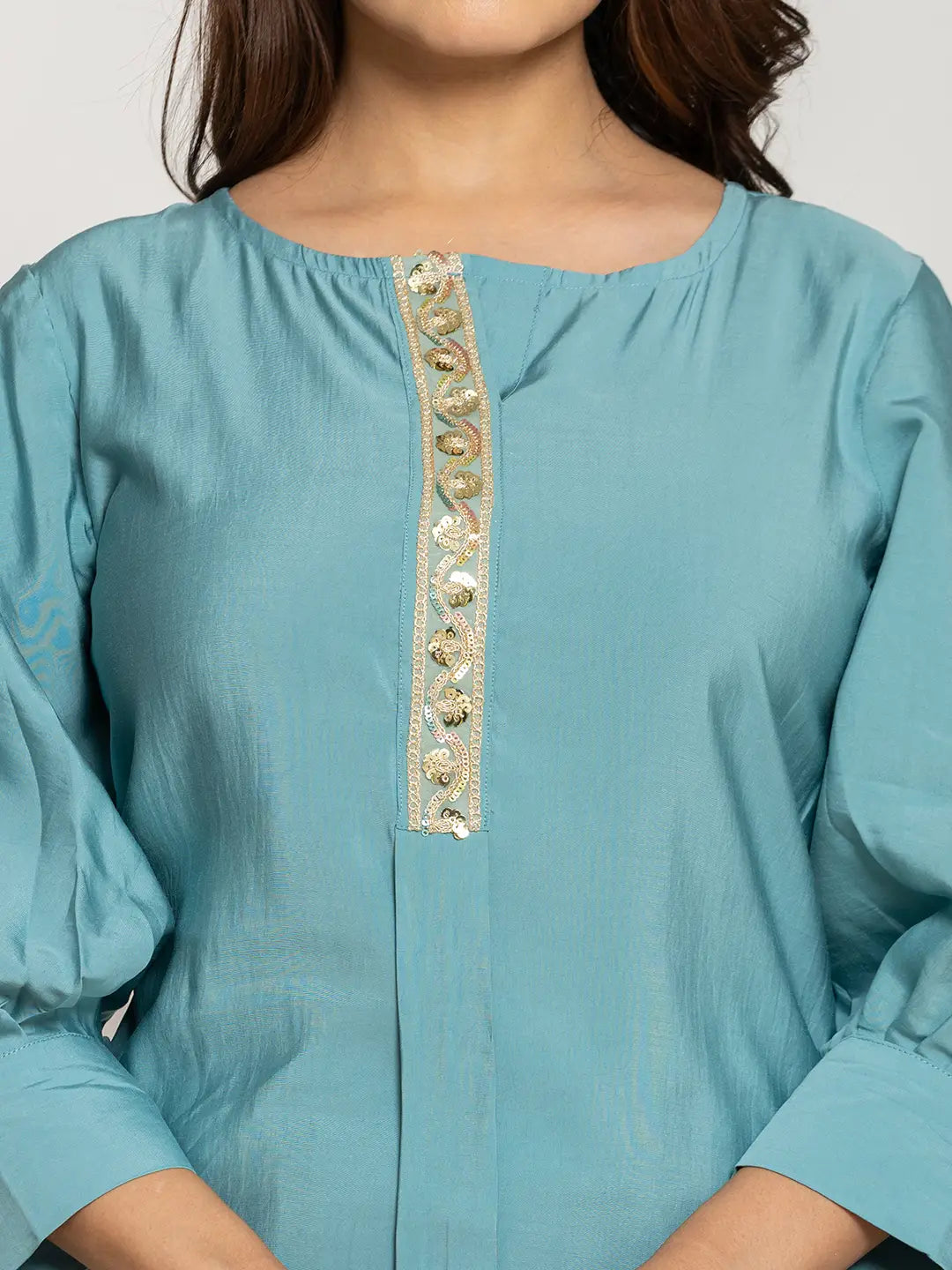 Turquoise Blue Silk Blend Solid Co-Ord Set-Yufta Store-6015CRDTBS