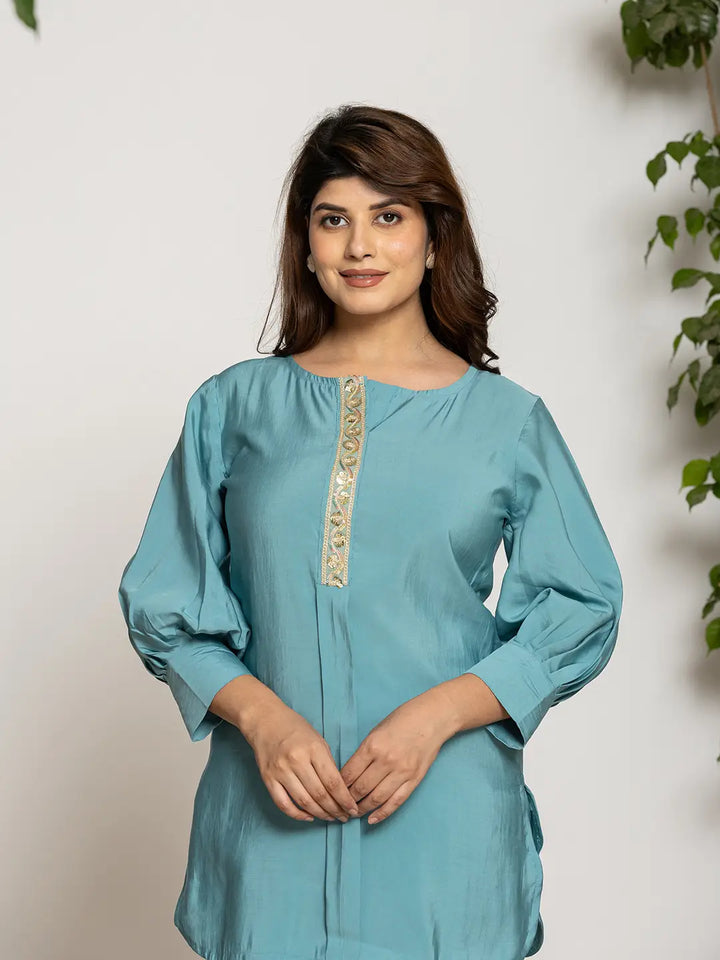 Turquoise Blue Silk Blend Solid Co-Ord Set-Yufta Store-6015CRDTBS