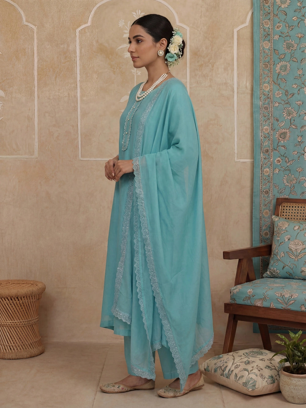 Turquoise Blue Solid A-Line Design Lining Kurta Trouser Dupatta Set-Yufta Store-7465SKDTBM