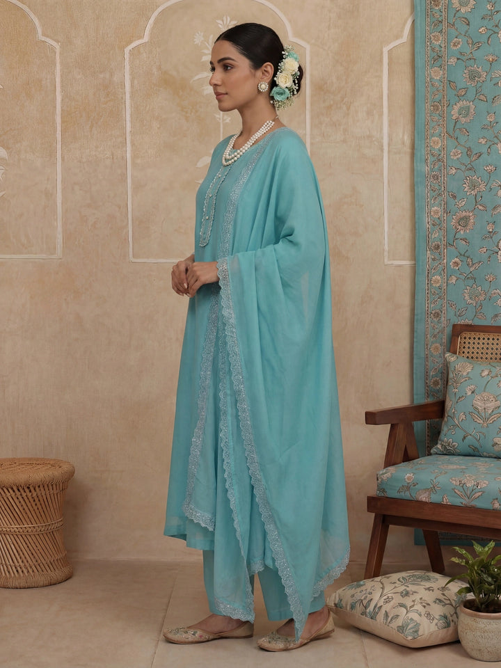 Turquoise Blue Solid A-Line Design Lining Kurta Trouser Dupatta Set-Yufta Store-7465SKDTBM