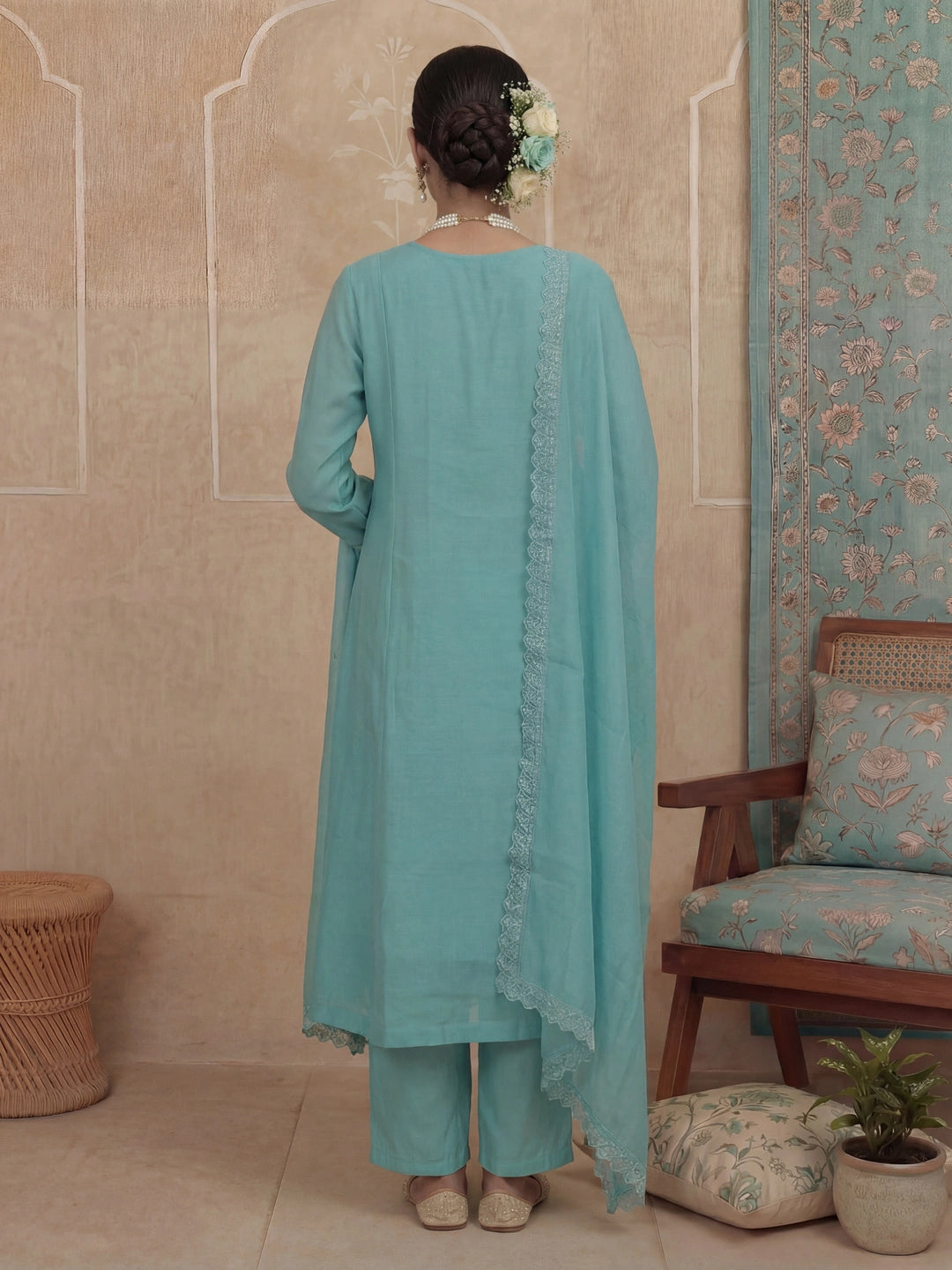 Turquoise Blue Solid A-Line Design Lining Kurta Trouser Dupatta Set-Yufta Store-7465SKDTBM
