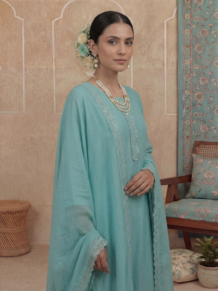 Turquoise Blue Solid A-Line Design Lining Kurta Trouser Dupatta Set-Yufta Store-7465SKDTBM