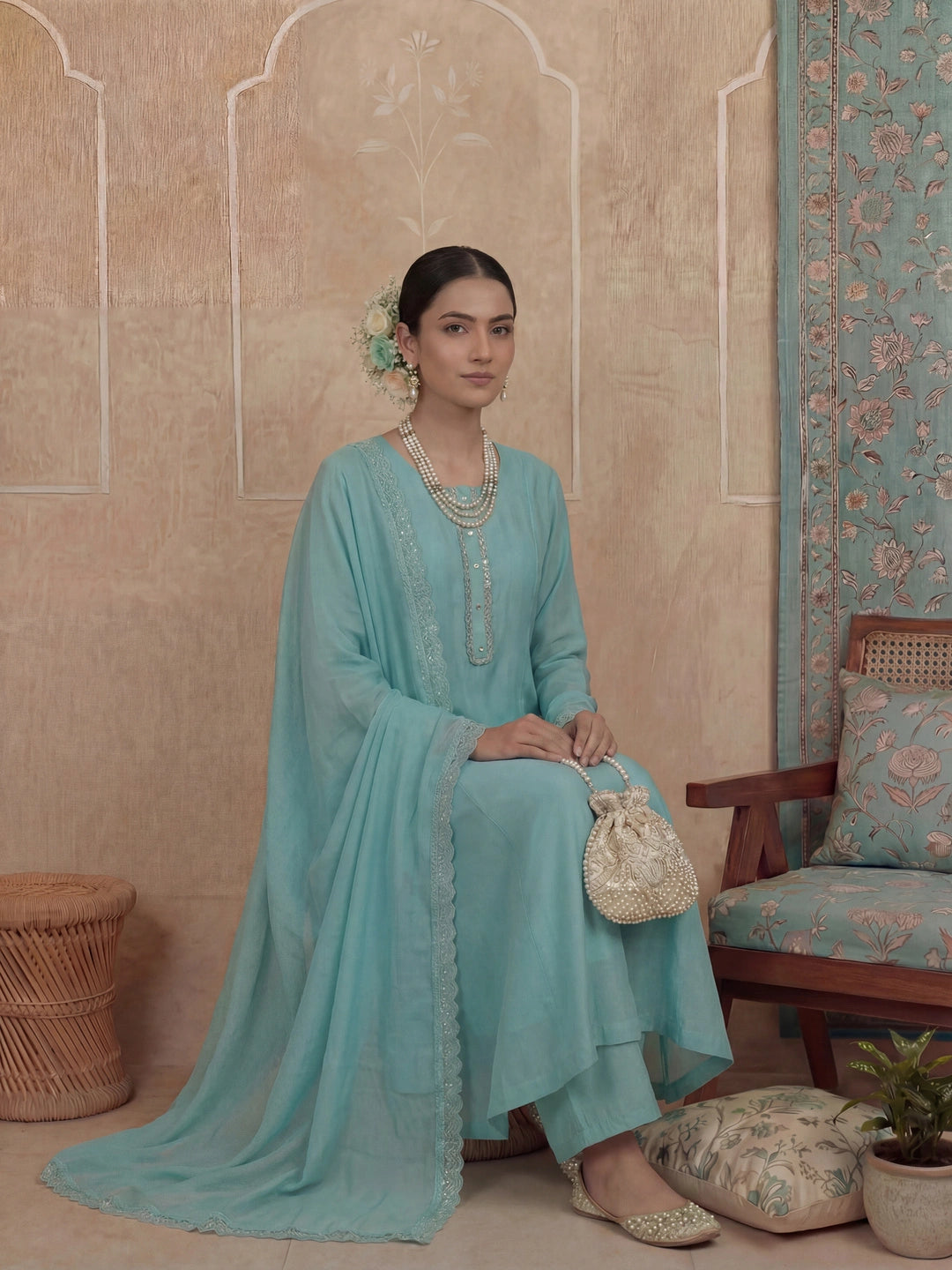 Turquoise Blue Solid A-Line Design Lining Kurta Trouser Dupatta Set-Yufta Store-7465SKDTBM