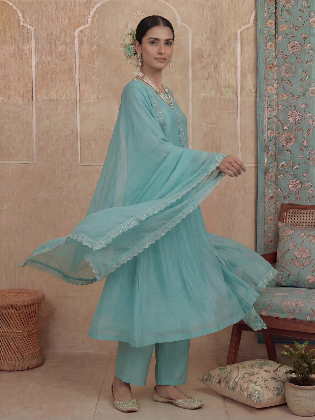 Turquoise Blue Solid A-Line Design Lining Kurta Trouser Dupatta Set-Yufta Store-7465SKDTBM