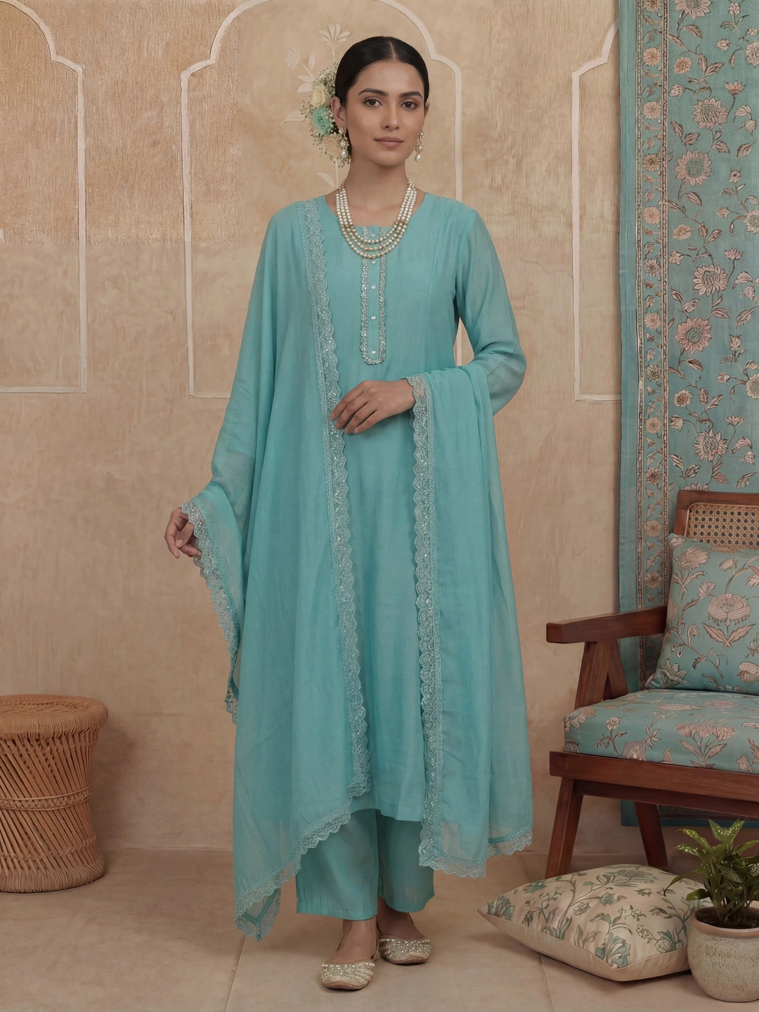 Turquoise Blue Solid A-Line Design Lining Kurta Trouser Dupatta Set-Yufta Store-7465SKDTBM