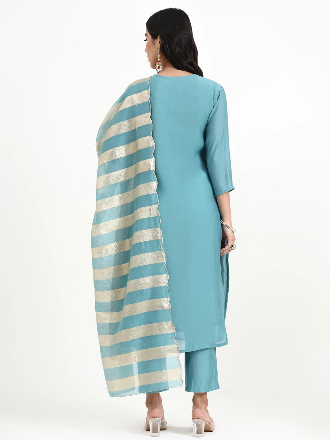 Turquoise Blue Solid Straight Style Chanderi Silk Lining Kurta Trouser Dupatta Set