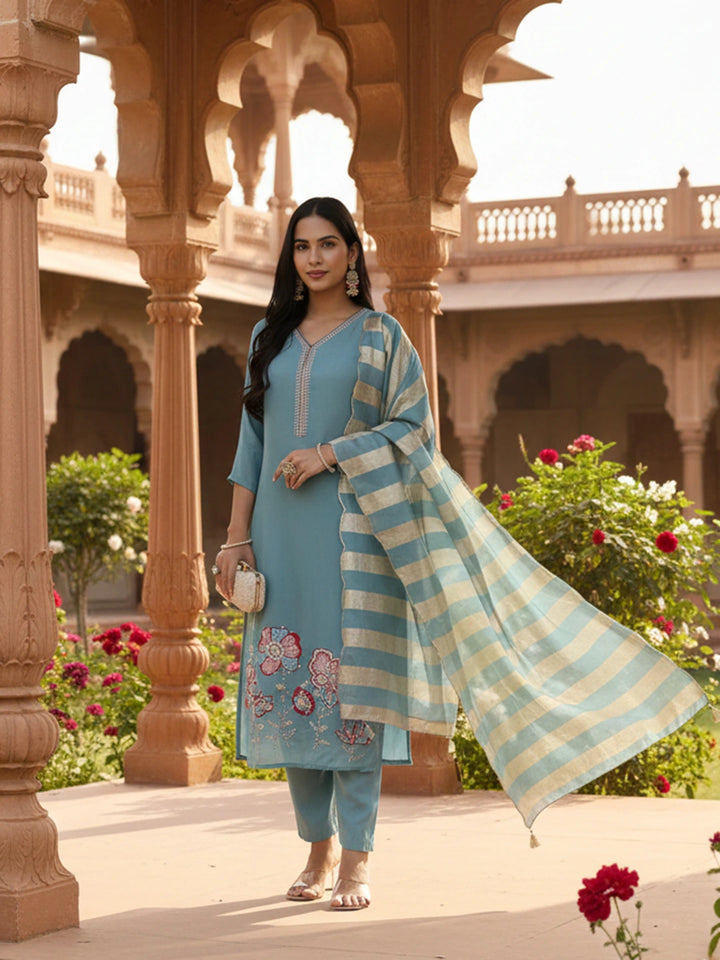 Turquoise Blue Solid Straight Style Chanderi Silk Lining Kurta Trouser Dupatta Set