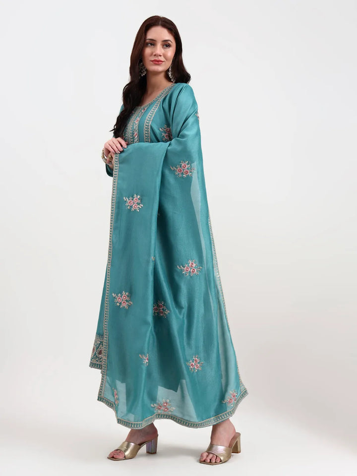 Turquoise Blue Vichitra Kalidaar Kurta Set With Pant And Dupatta