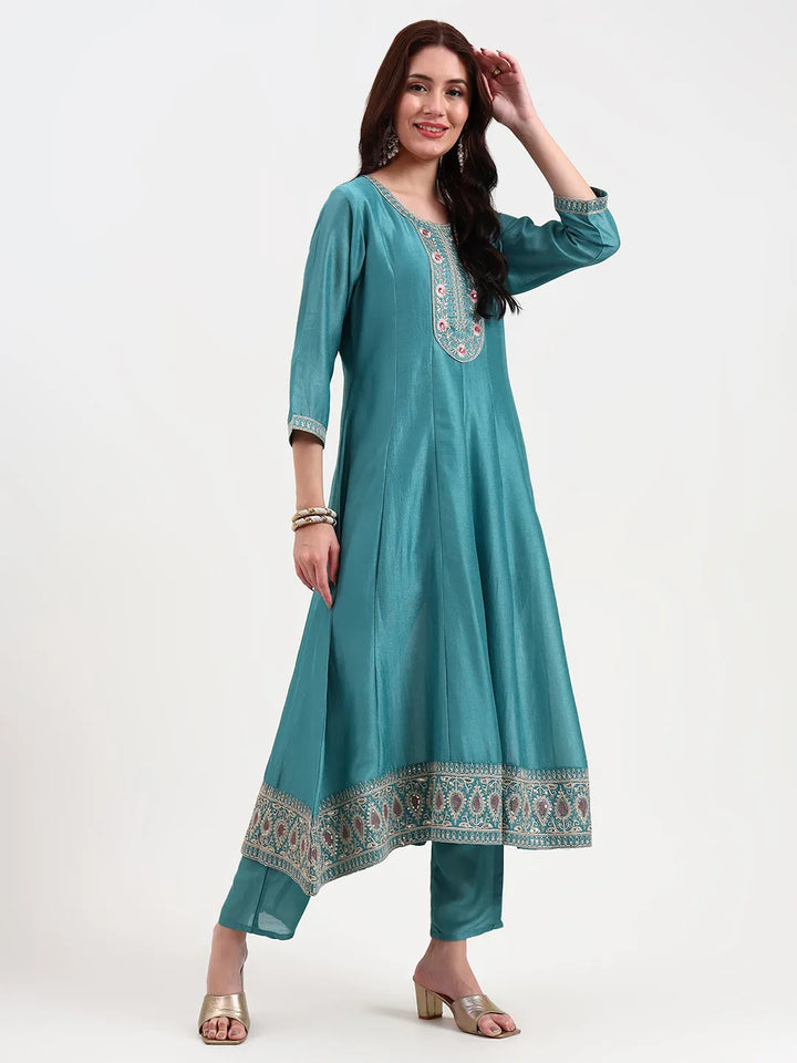 Turquoise Blue Vichitra Kalidaar Kurta Set With Pant And Dupatta