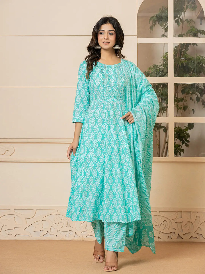 Turquoise Embroidered Pure Cotton Anarkali Kurta Trouser With Dupatta Set-Yufta Store-6967SKDTBS